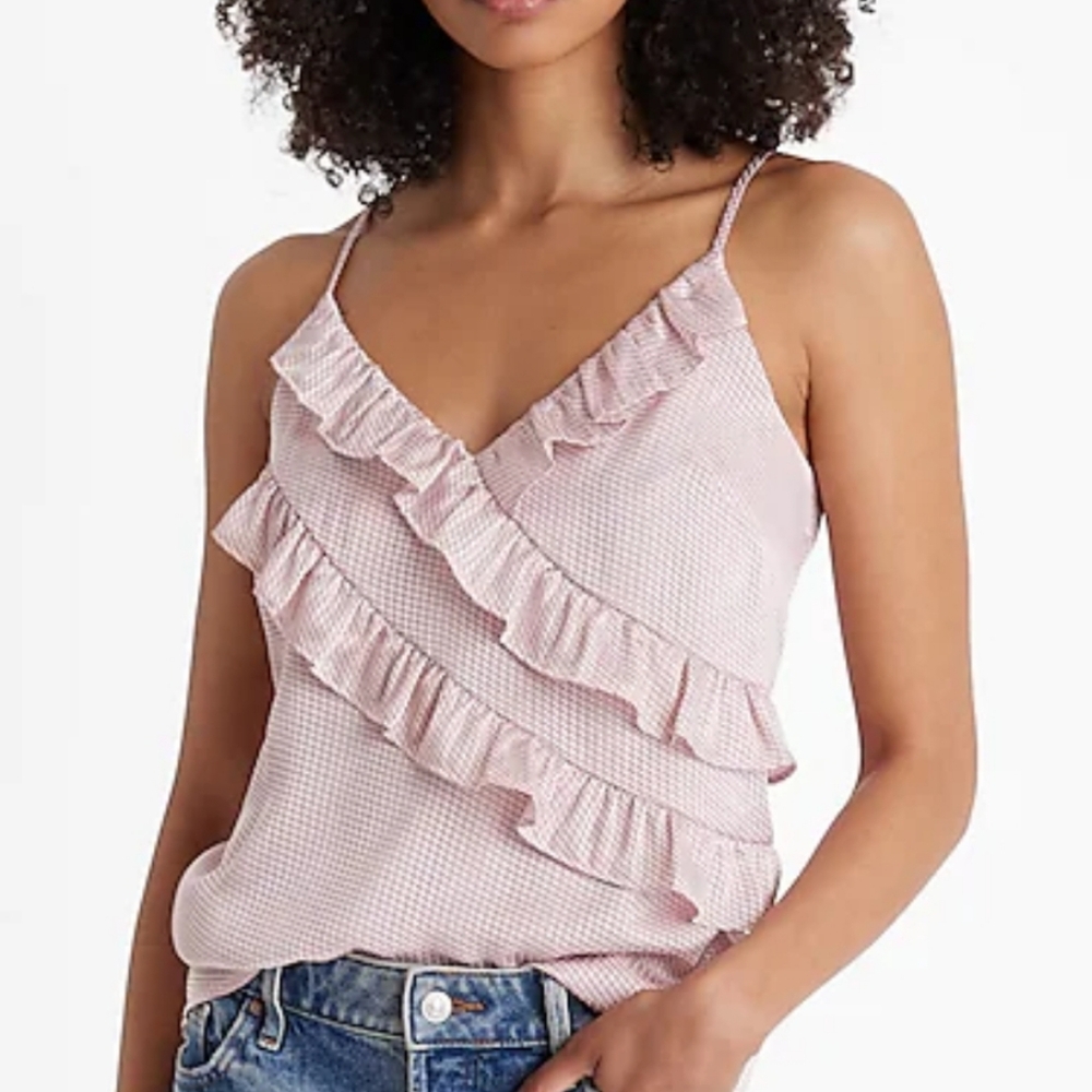 Express Satin Polka Dot V-Neck Ruffle Front Downtown Cami Size Small Pink/black